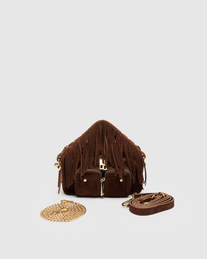Núnoo Helena Fringe Suede Dark Brown w. Gold Small bag Dark brown