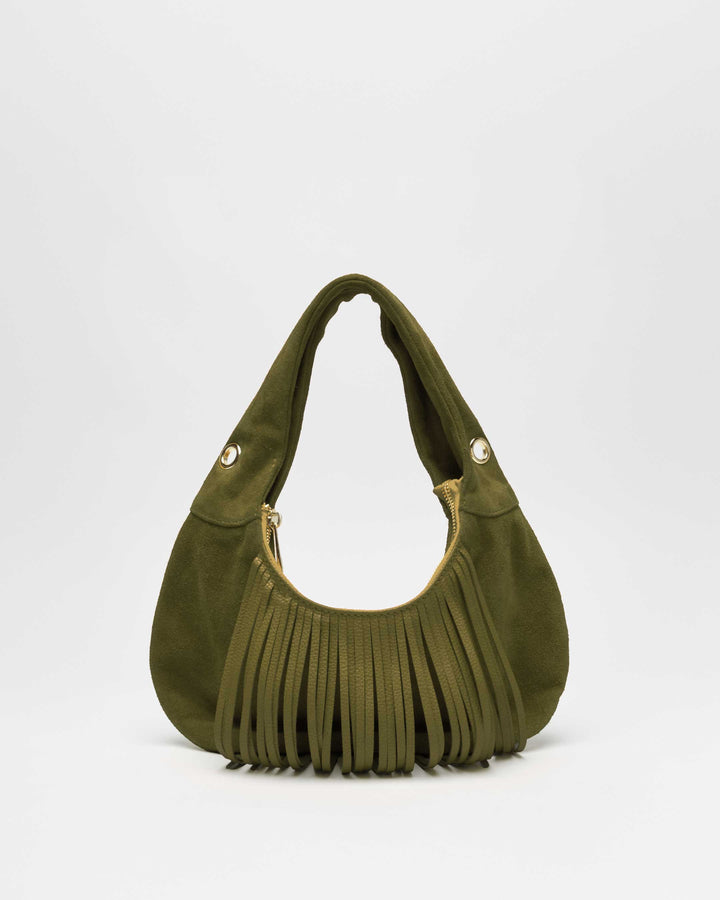 Núnoo Mini Gabi Suede Fringe Dark Olive w. Gold Small bag