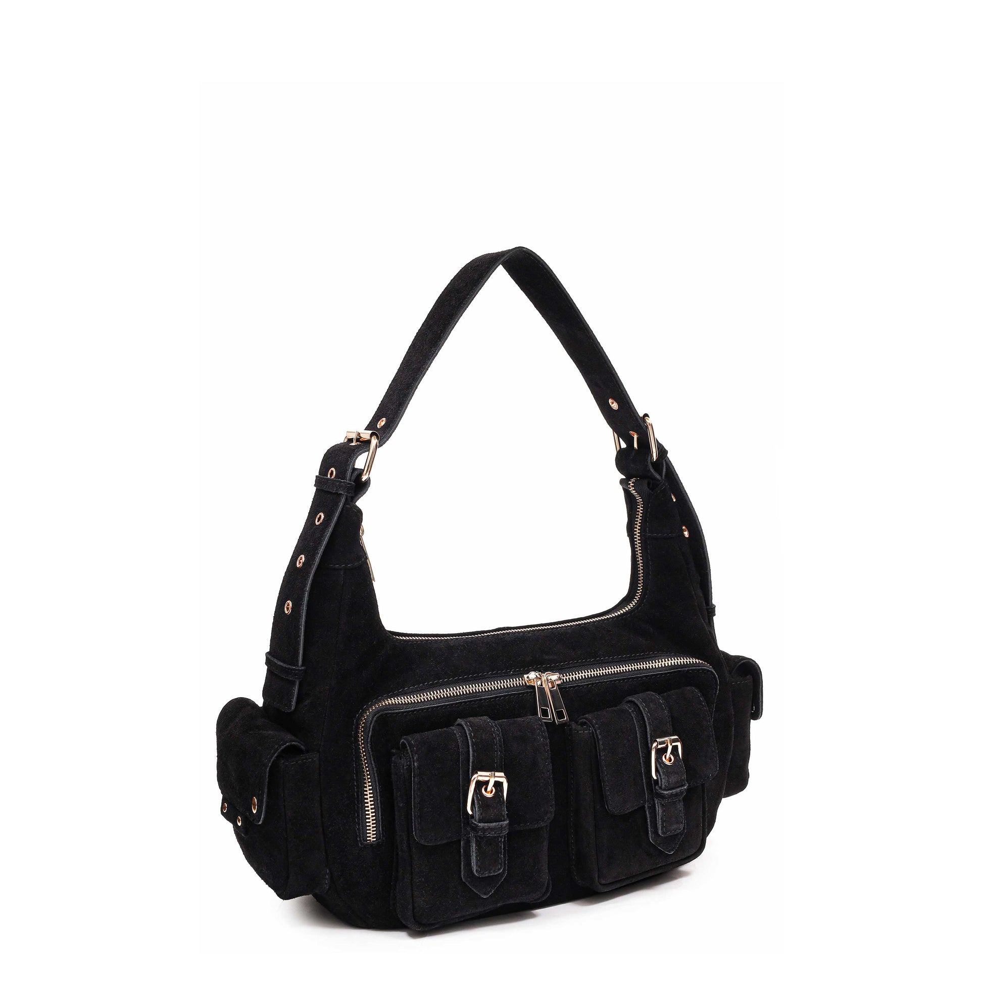 Núnoo Sally Buckle Suede Black w. Gold Shoulder bags Black